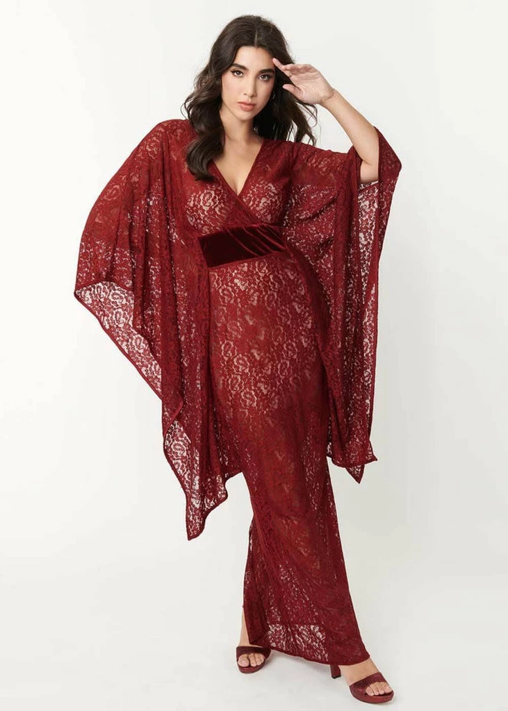 Unique Vintage Desmond Floral Lace 70's Kaftan Dress Burgundy - Image 2