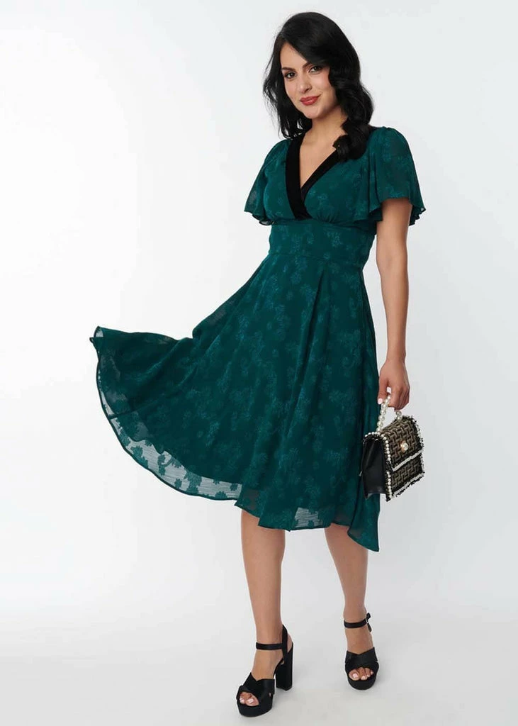 Unique Vintage Floral Jacquard 50's Swing Dress Emerald Green - Image 4