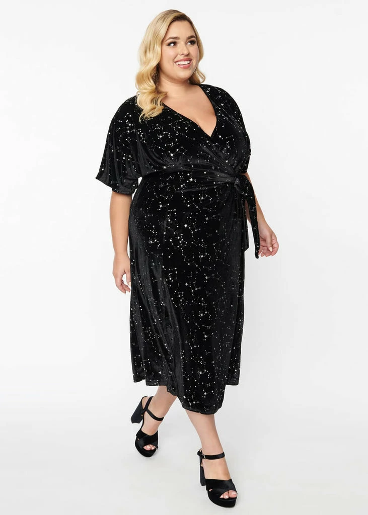 Unique Vintage Velvet & Star Wrap 70's Dress Black - Image 6