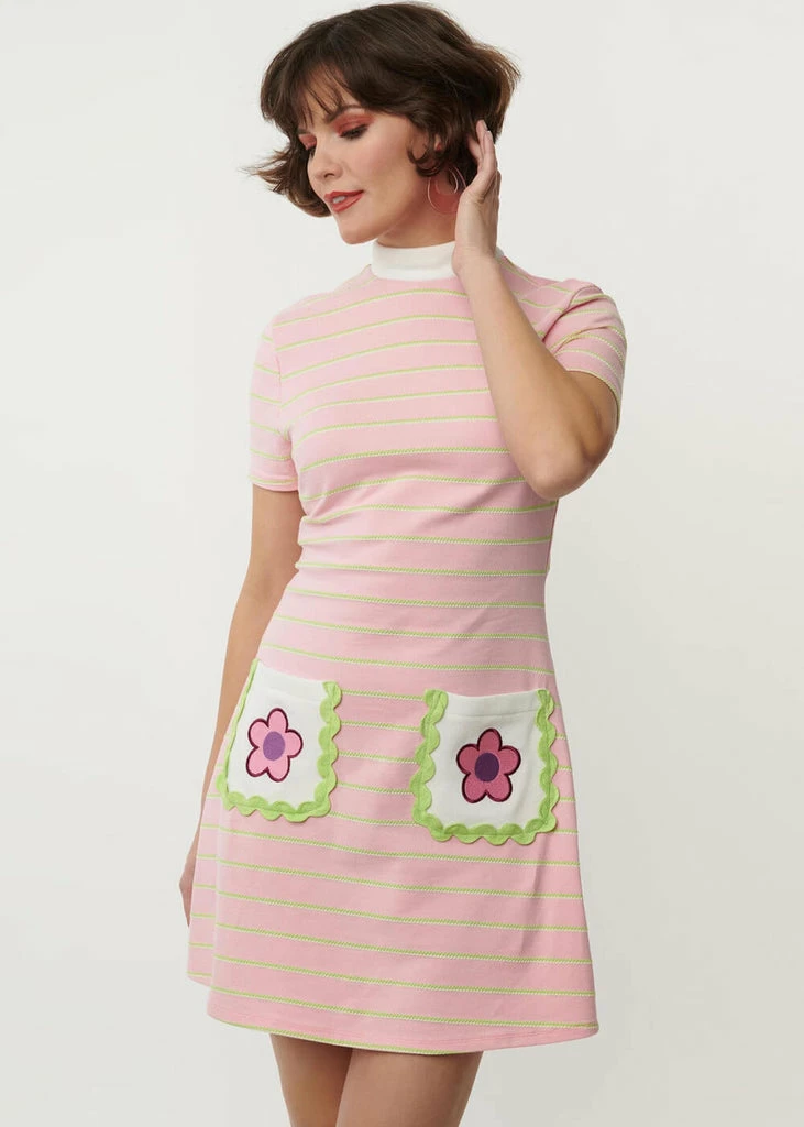 Unique Vintage Smak Parlour Wave Maker Stripe 60's Mini Dress Pink Green