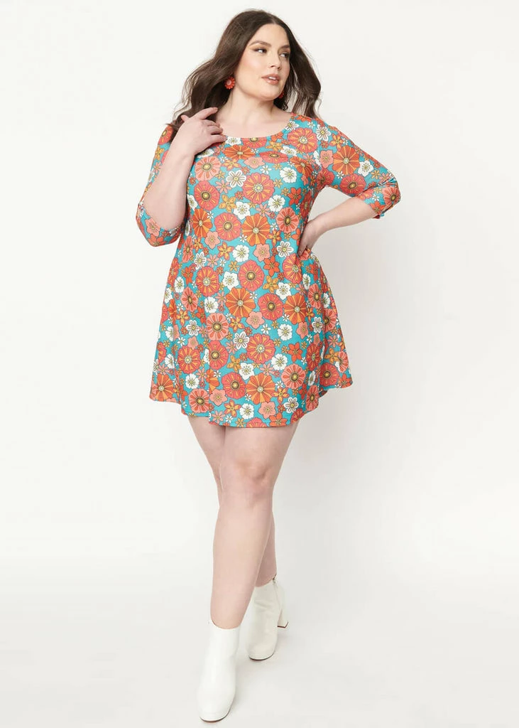 Unique Vintage Smak Parlour Cosmic Floral 60's Shift Dress Teal Pink - Image 5