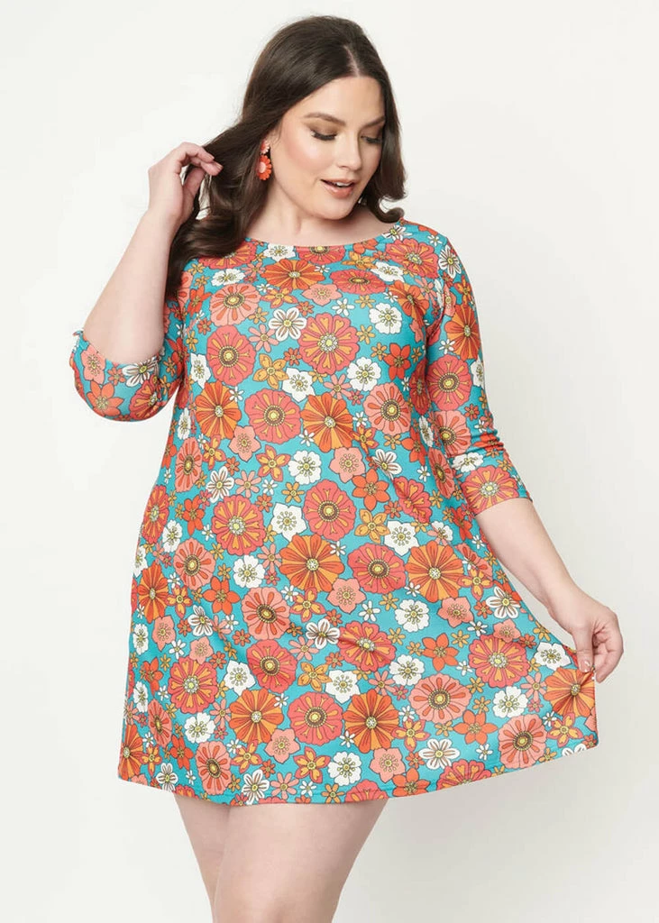 Unique Vintage Smak Parlour Cosmic Floral 60's Shift Dress Teal Pink - Image 2