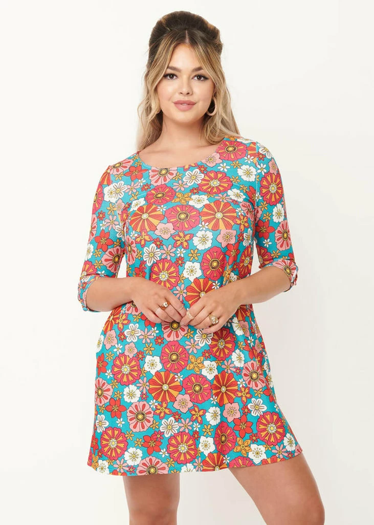 Unique Vintage Smak Parlour Cosmic Floral 60's Shift Dress Teal Pink