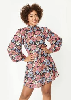 Unique Vintage Smak Parlour Girl Talk Floral 60's Shift Dress Black Purple