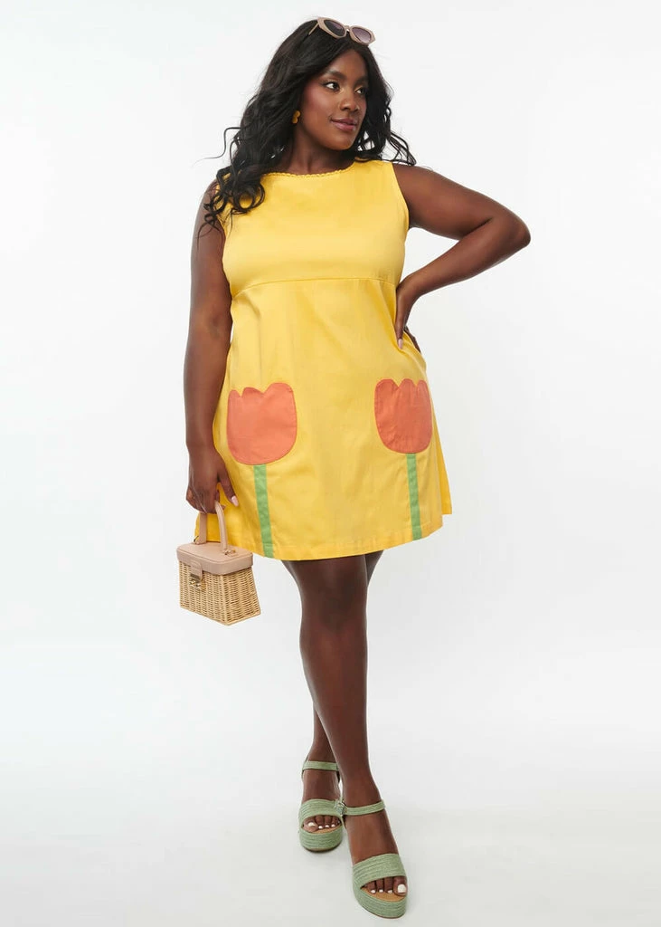 Unique Vintage Smak Parlour Tulip Flower Power 60's Shift Dress Yellow Orange - Image 2