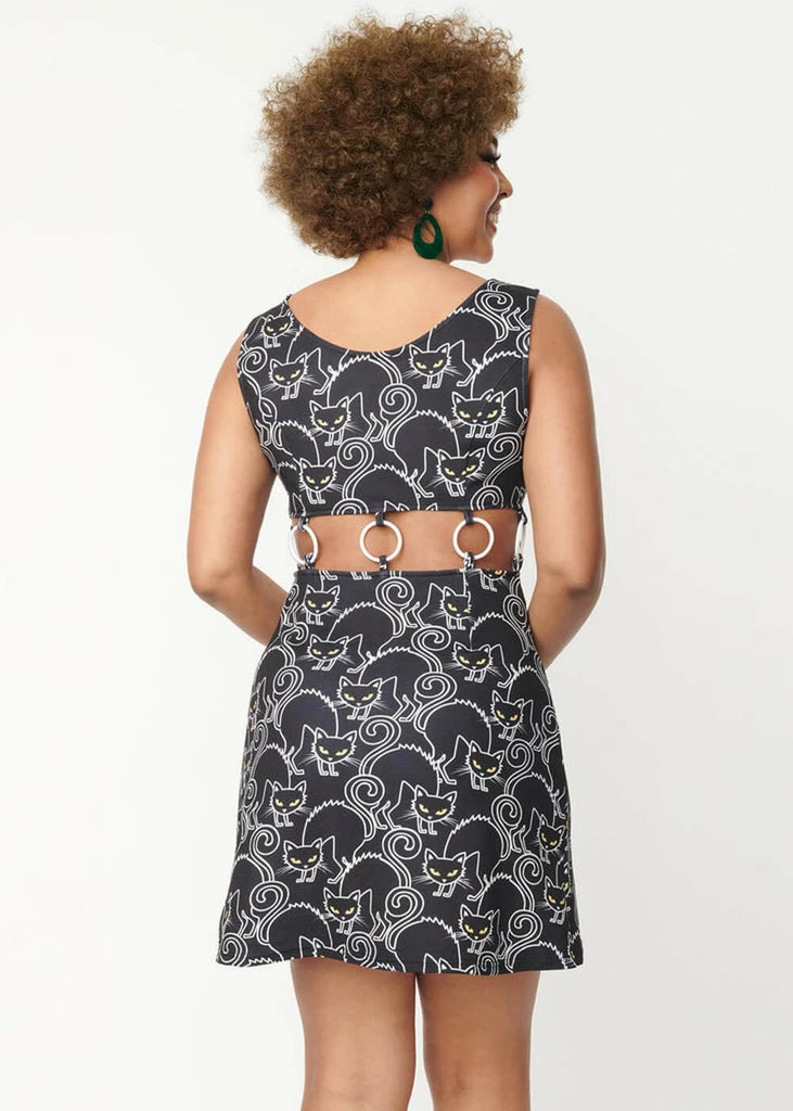 Unique Vintage Smak Parlour Gettin Groovy Scaredy Cat 60's Mini Dress Black - Image 5