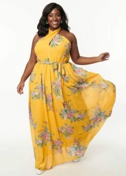 Unique Vintage Smak Parlour Budding Romance Floral 70's Maxi Dress Yellow