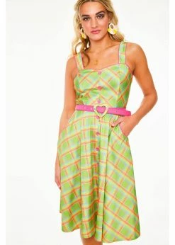 Voodoo Vixen Vita Rainbow Tartan 50's Swing Dress Green